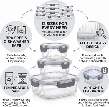 Glass Food Storage Containers with Lids, 12 Piece Glass Meal Prep Containers Set, Airtight Leakproof Snap Lock Lids, BPA-Free, Freezer Microwave Oven Dishwasher Safe, Ribbed Glass Containers