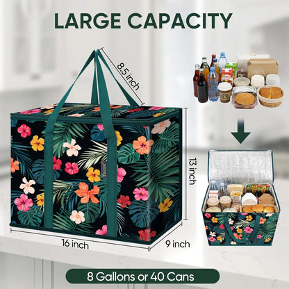 BALEINE 2Pk Insulated Reusable Grocery Bags, Collapsible Cooler Bag for Groceries, Heavy Duty Large Insulated Bag (16''x9''x13'', Antique Foliage)