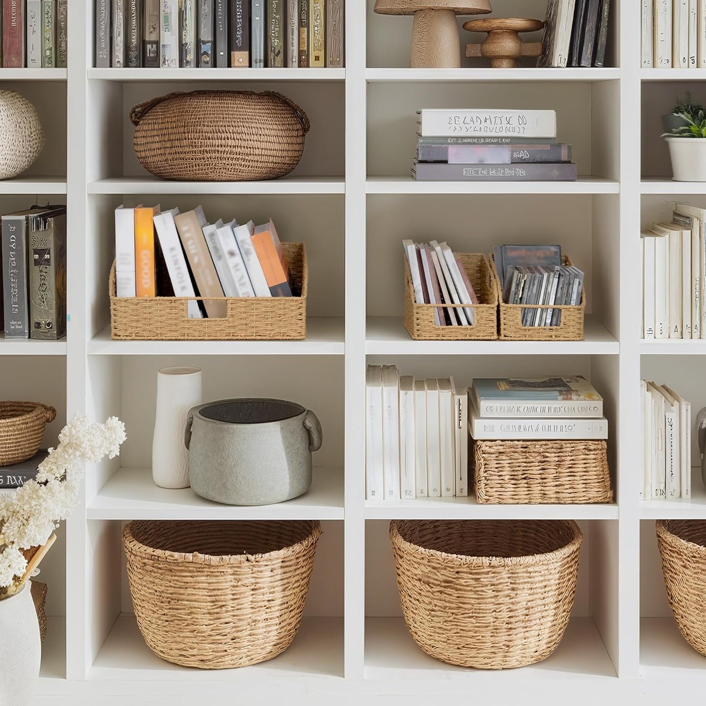 StorageWorks Water Hyacinth Pantry Storage Baskets, Wicker Baskets with Built-in Handles, Handwoven Shelf Baskets for Organizing, Pantry Organizers and Storage, 3 Pack