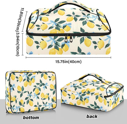 Casserole Carrier Insulated Yellow Lemon Blue Bows Dish 9x13 with Lid Party Travel Warmer Bag for Hot or Cold Food Lasagna Pizza Holder Tote