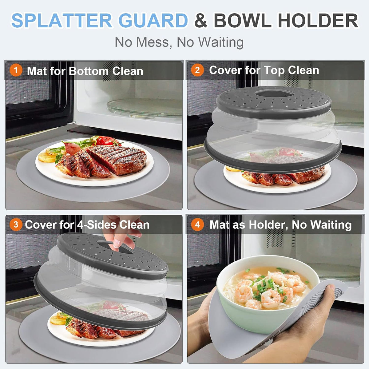LekDrok 10 Inch Microwave Food Cover & Collapsible Silicone Mat - Splatter Guard, Plate Holder & Kitchen Colander for Meal Prep, Charcoal