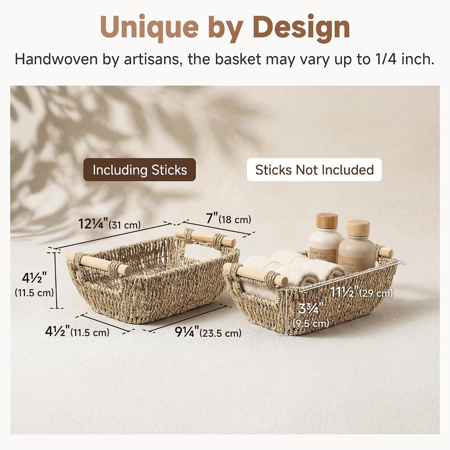 StorageWorks Hand-Woven Storage Baskets with Wooden Handles, Water Hyacinth Wicker Baskets for Organizing, 2 Pack