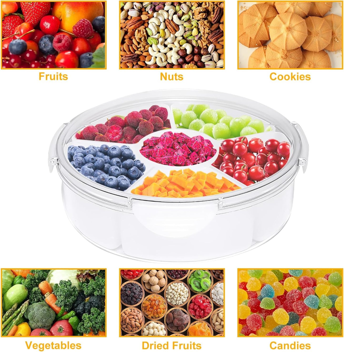 Qivine Veggie Tray with Lid for Fridge, Portable Vegetable Tray with Lid and Dip, 6 Compartments Divided Serving Tray with Lid and Handle, Round Veggie Trays for Serving for Party with 2 Clips