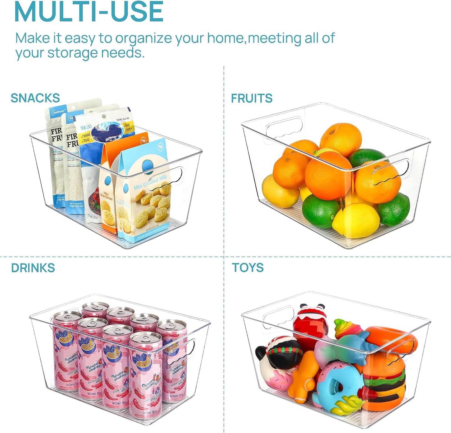 Vtopmart Clear Plastic Storage Bins, 6 PCS Pantry Organizer Bins with Handle for Refrigerator, Fridge, Cabinet, Kitchen, Countertops, Cupboard, Freezer Organization and Storage, Large
