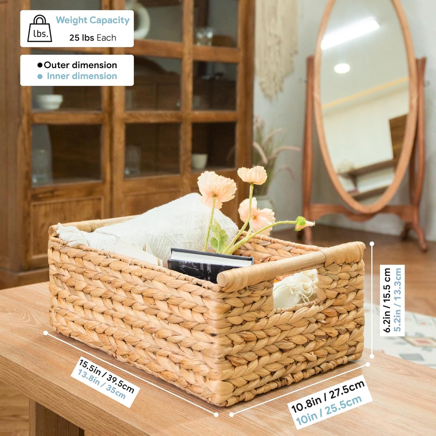 VATIMA Water Hyacinth Storage Baskets with Large Open-Front for Kitchen, Decorative for Living Room, 13.4” x 9.5” x 5.5”, 2 Pack