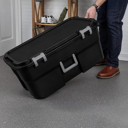 22 Gallon Large Wheeled Footlocker, Heavy Duty Plastic Storage Trunk Container, Lockable with Wheels and Handle, Black