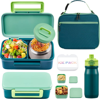 MAISON HUIS Bento Box for Kids with 8oz Soup Thermo, Insulated Lunch Bag & 17oz Water Bottle, 2-Compartment Bento Box with Built-In Ice Pack, Leak-Proof & BPA-Free (Purple)