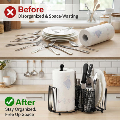 Elsjoy Picnic Utensil Holder Caddy with Handle & Paper Towel Holder, Metal Silverware Organizer Portable Flatware Holder for Cutlery, Fork, Spoon, Plate, Napkin