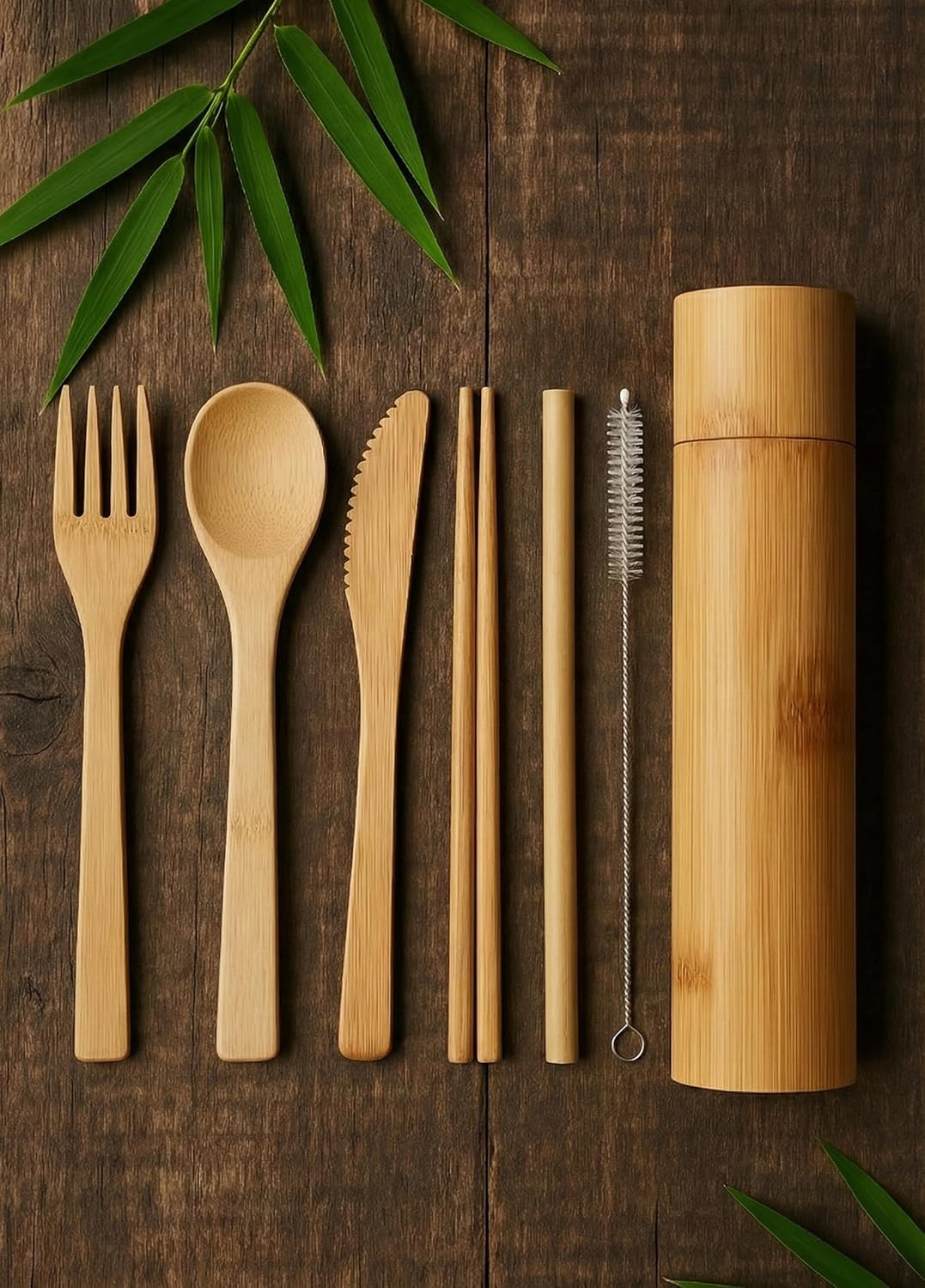 Eco-Friendly Travel Utensils Set: Lightweight Bamboo Forks, Spoons, Knives in Wooden Case, Reusable Utensils for Lunch Box, Kids Camping Cutlery, Sustainable Portable Flatware