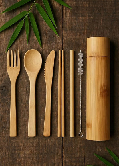 Eco-Friendly Travel Utensils Set: Lightweight Bamboo Forks, Spoons, Knives in Wooden Case, Reusable Utensils for Lunch Box, Kids Camping Cutlery, Sustainable Portable Flatware