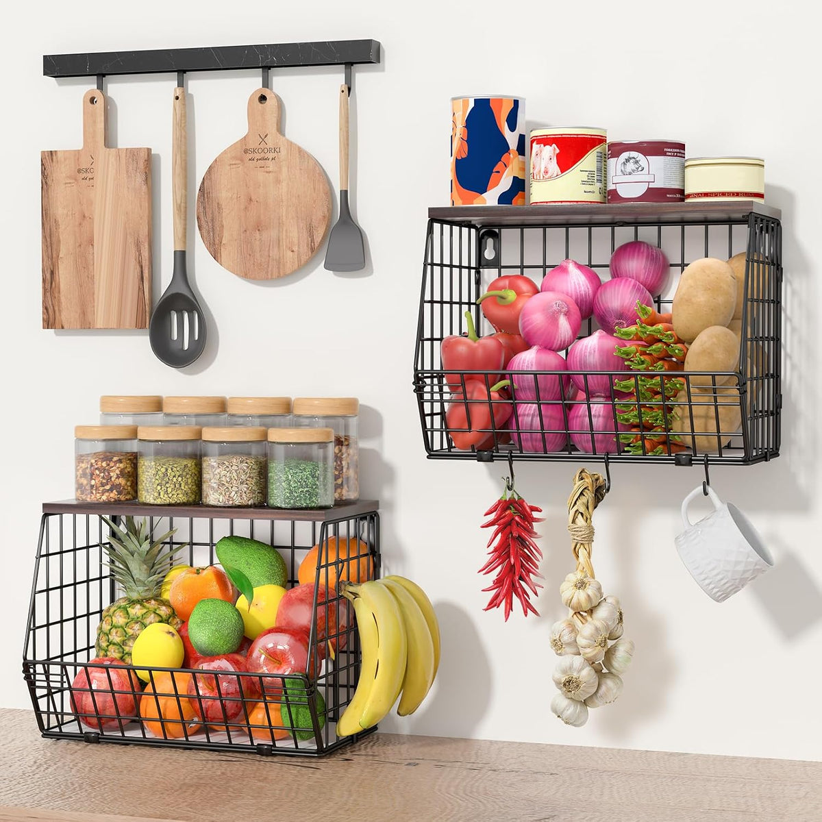 White Fruit Bowl Wire Basket Storage Pantry Fruit and Vegetable Storage Fruit Basket for Kitchen Counter Stackable Wall Mounted Hanging Basket Wire Basket with Wood Lid with Hanger Hooks