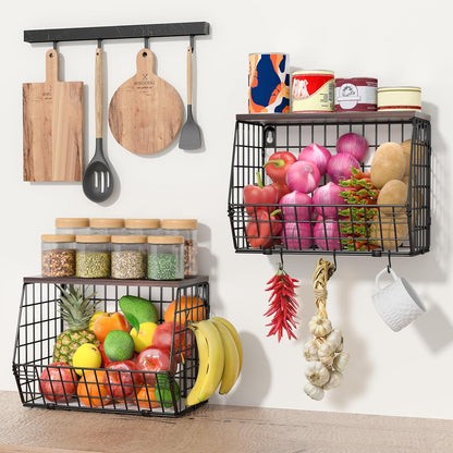 White Fruit Bowl Wire Basket Storage Pantry Fruit and Vegetable Storage Fruit Basket for Kitchen Counter Stackable Wall Mounted Hanging Basket Wire Basket with Wood Lid with Hanger Hooks