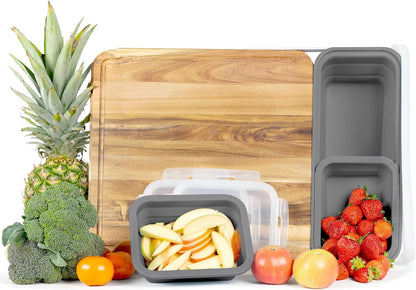 TidyBoard Meal Prep Cutting Board with Containers - Acacia Wood Cutting Board with Silicone Containers and Lids - Meal Prep Station - Over-the-Sink Chopping Board (Base Pack, Grey)