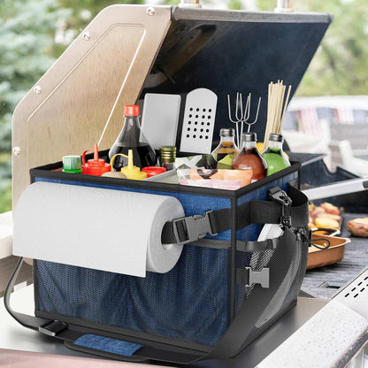 FANGSUN Black Grill Caddy, BBQ Organizer with Lid & Paper Towel Holder, Picnic Griddle Caddy for Outdoor Camping, Barbecue Accessories Organizer, 32L Capacity, Black