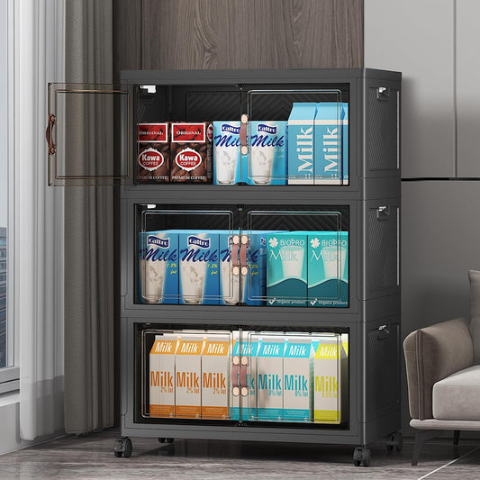 UAMFURI 720QT Stackable Storage Bins with Lids, Extra Large Storage Cabinet with Doors and Wheels, Collapsible Plastic Storage Box for Bedroom Dorm Office Garage