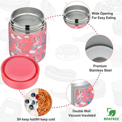 Itslife Bento Lunch Box Set for Kids with 12oz Soup Thermo&Lunch Bag, Leak-Proof Lunch Food Containers for Kids School, 5 Compartment, Sauce Cup, 10 Notes (Dinosaurs Black)
