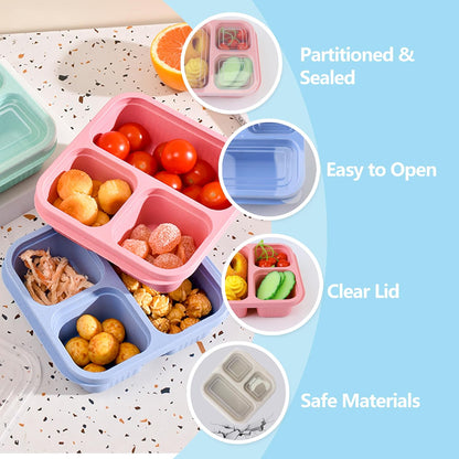 Finorder 6 Pack 4-Compartment Snack Containers, Reusable Food Containers for Kids School, Adults Office, Picnic Trip, Lunch Bento Box Meal Prep Containers (Bright Color Set)