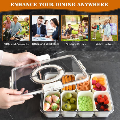Artcome Sealed Divided Serving Tray with Handle, 8 Compartments, & Carry Bag - Ideal for Organizing and Carrying Snacks and Appetizers - Perfect for Outdoor Dining, Picnics, BBQs, Gatherings & Leisure