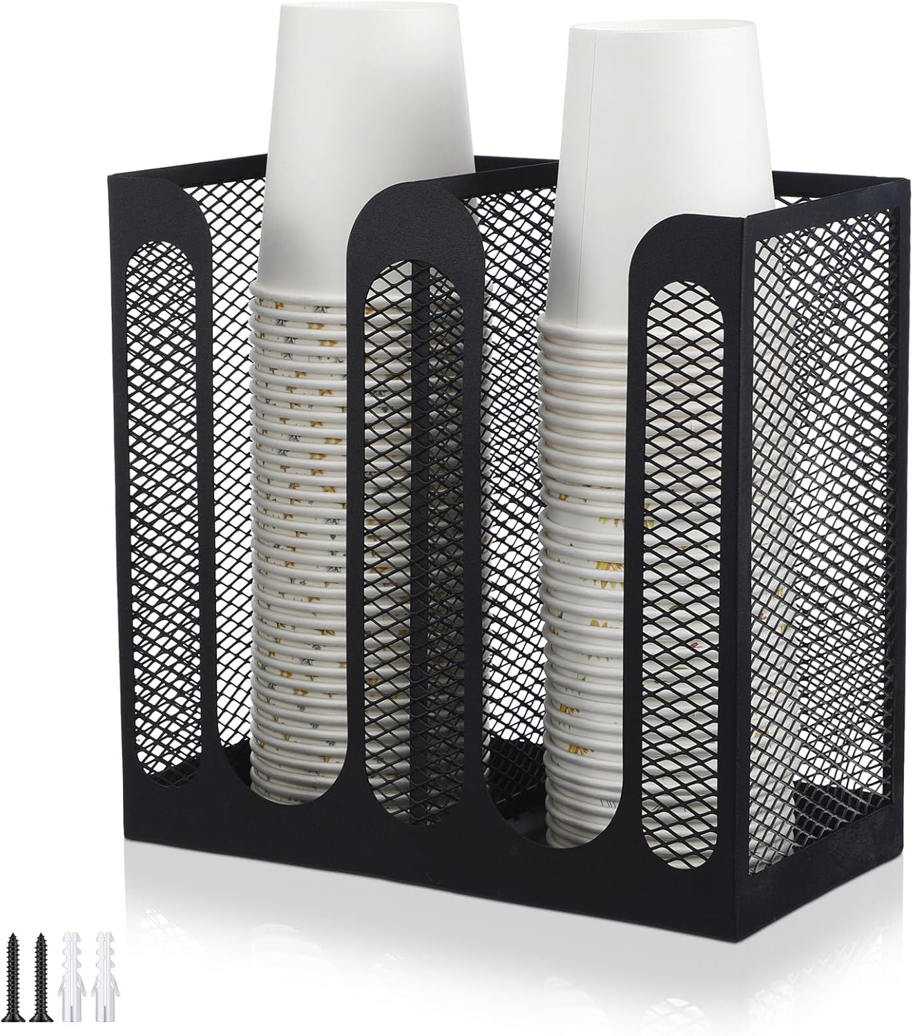 Maxcheck Metal Mesh Cup and Lid Holder Coffee Paper Cup Dispenser Lid Holder Storage Organizer Countertop or Wall Mount for Coffee Bar, Kitchen, Breakroom(4 Compartments,16.1 x 4.1 x 8 Inch)