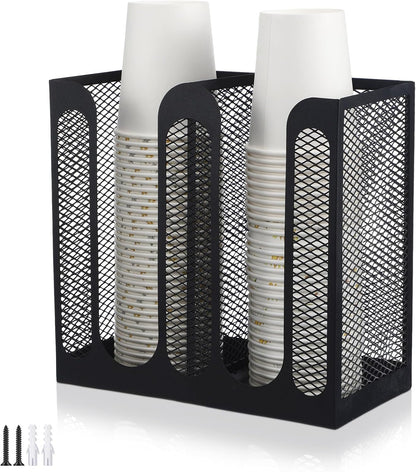 Maxcheck Metal Mesh Cup and Lid Holder Coffee Paper Cup Dispenser Lid Holder Storage Organizer Countertop or Wall Mount for Coffee Bar, Kitchen, Breakroom(4 Compartments,16.1 x 4.1 x 8 Inch)
