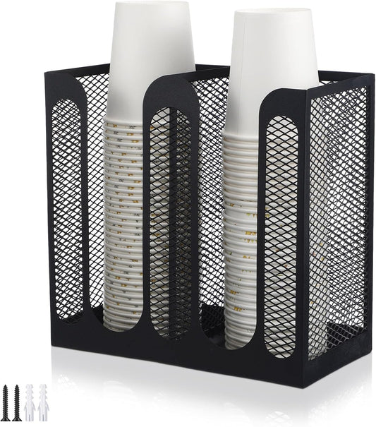 Maxcheck Metal Mesh Cup and Lid Holder Coffee Paper Cup Dispenser Lid Holder Storage Organizer Countertop or Wall Mount for Coffee Bar, Kitchen, Breakroom(4 Compartments,16.1 x 4.1 x 8 Inch)