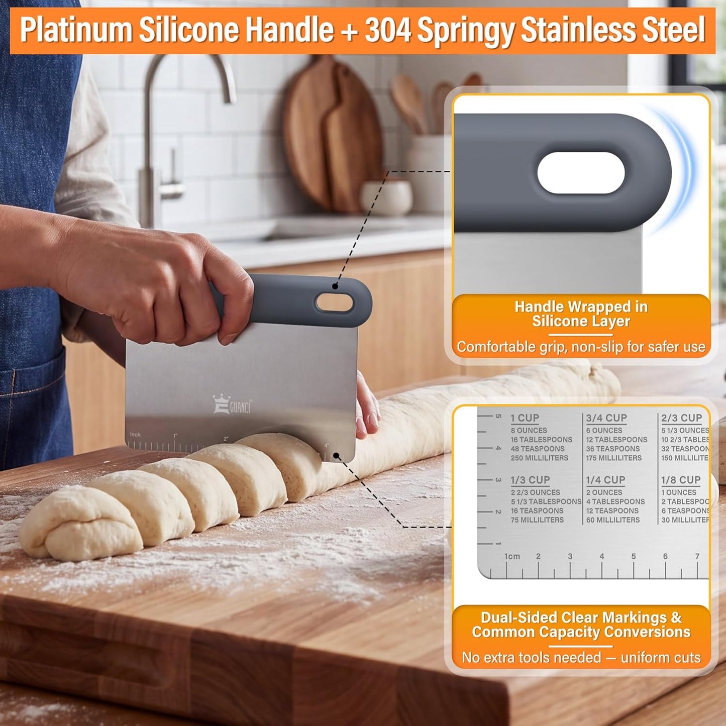 Bench & Dough Scraper Set of 4, Flexible Stainless Steel Kitchen Scraper with Platinum Silicone Non-Slip Grip, Multipurpose Food Scraper for Dough, Dishwasher Safe, Measuring Scale & Conversion Chart