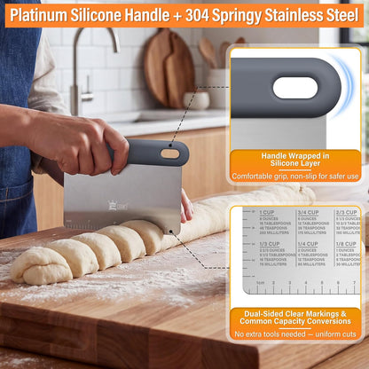 Bench & Dough Scraper Set of 4, Flexible Stainless Steel Kitchen Scraper with Platinum Silicone Non-Slip Grip, Multipurpose Food Scraper for Dough, Dishwasher Safe, Measuring Scale & Conversion Chart