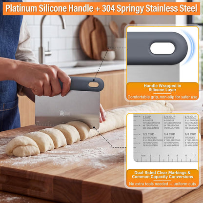 Bench & Dough Scraper Set of 4, Flexible Stainless Steel Kitchen Scraper with Platinum Silicone Non-Slip Grip, Multipurpose Food Scraper for Dough, Dishwasher Safe, Measuring Scale & Conversion Chart