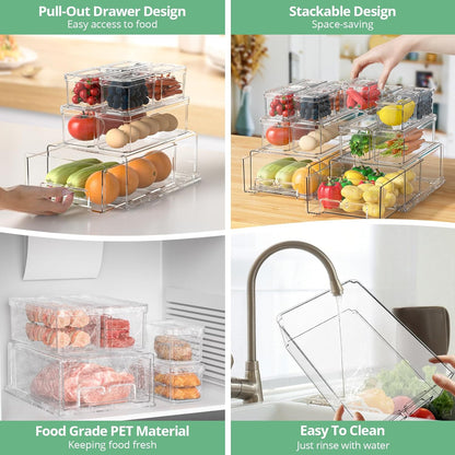 damynuo 16Pcs Fridge Organizer Bins, Clear Refrigerator Organizing Containers with Lids and Refrigerator Drawers, Stackable Food, Vegetable and Fruit Containers for Fridge Organizers and Storage