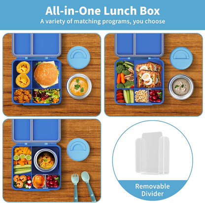 Bento Box for Kids with Thermo Food Container (9oz), 4-Compartment Lunch Box, Adjustable Divider, Leakproof Bento Lunch Box, Includes Utensils & Carry Bag for School, Office(Blue)