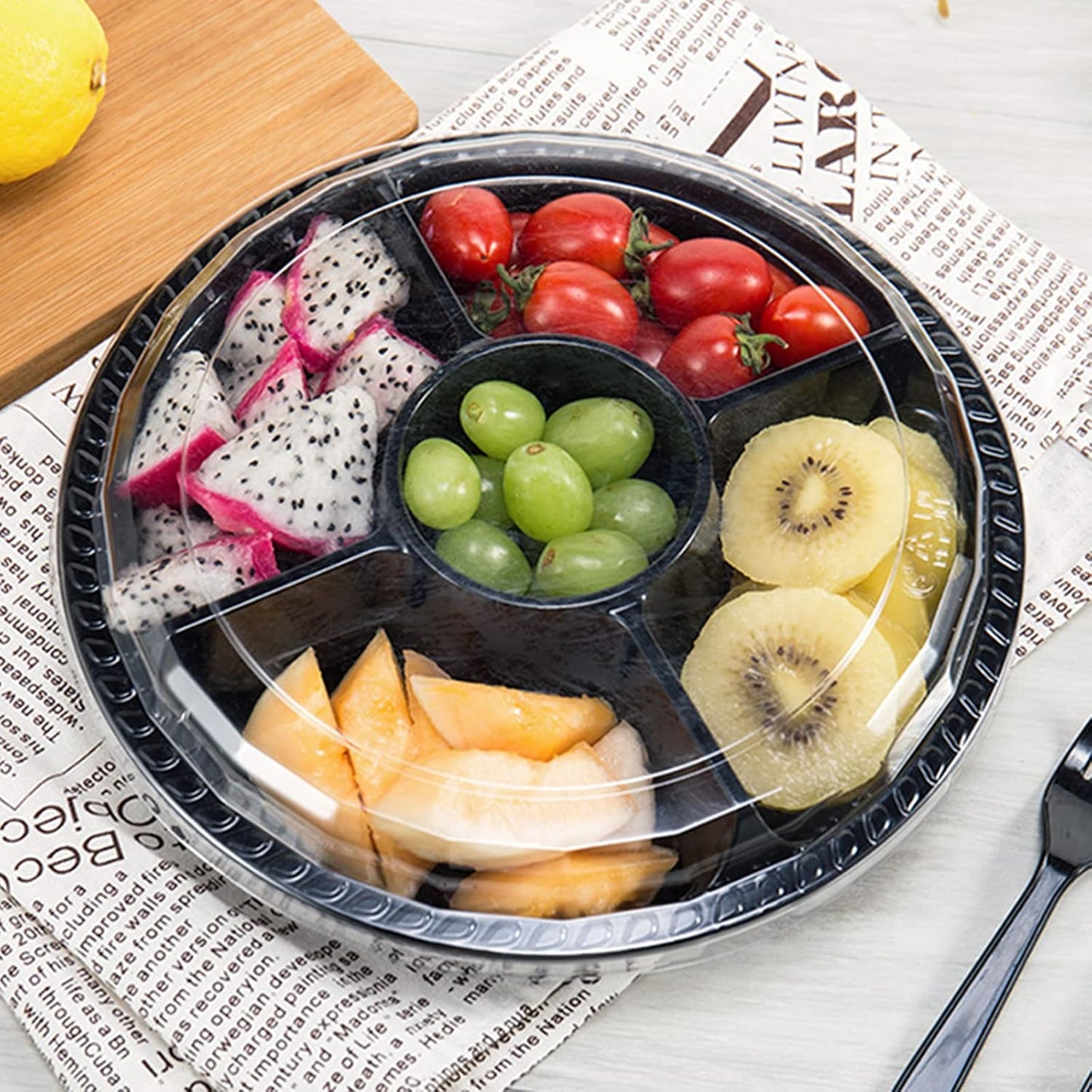 Lyellfe 30 Pack Plastic Appetizer Tray with Lid, Disposable Fruit Veggie Tray with 6 Compartment, 10.5 Inch Heavy Duty Snack Serving Platter Container for Salad, Nut, Olive, Party
