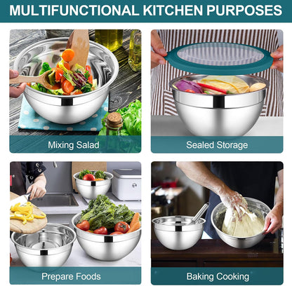 LIANYU Stainless Steel Mixing Bowls Sets of 6, Large 7, 3.5, 2.5, 2, 1.5, 1QT Size with Transparent Airtight Lids, Metal Nesting Serving Bowl Sets for Home Kitchen, Dishwasher & Freezer Safe, Black