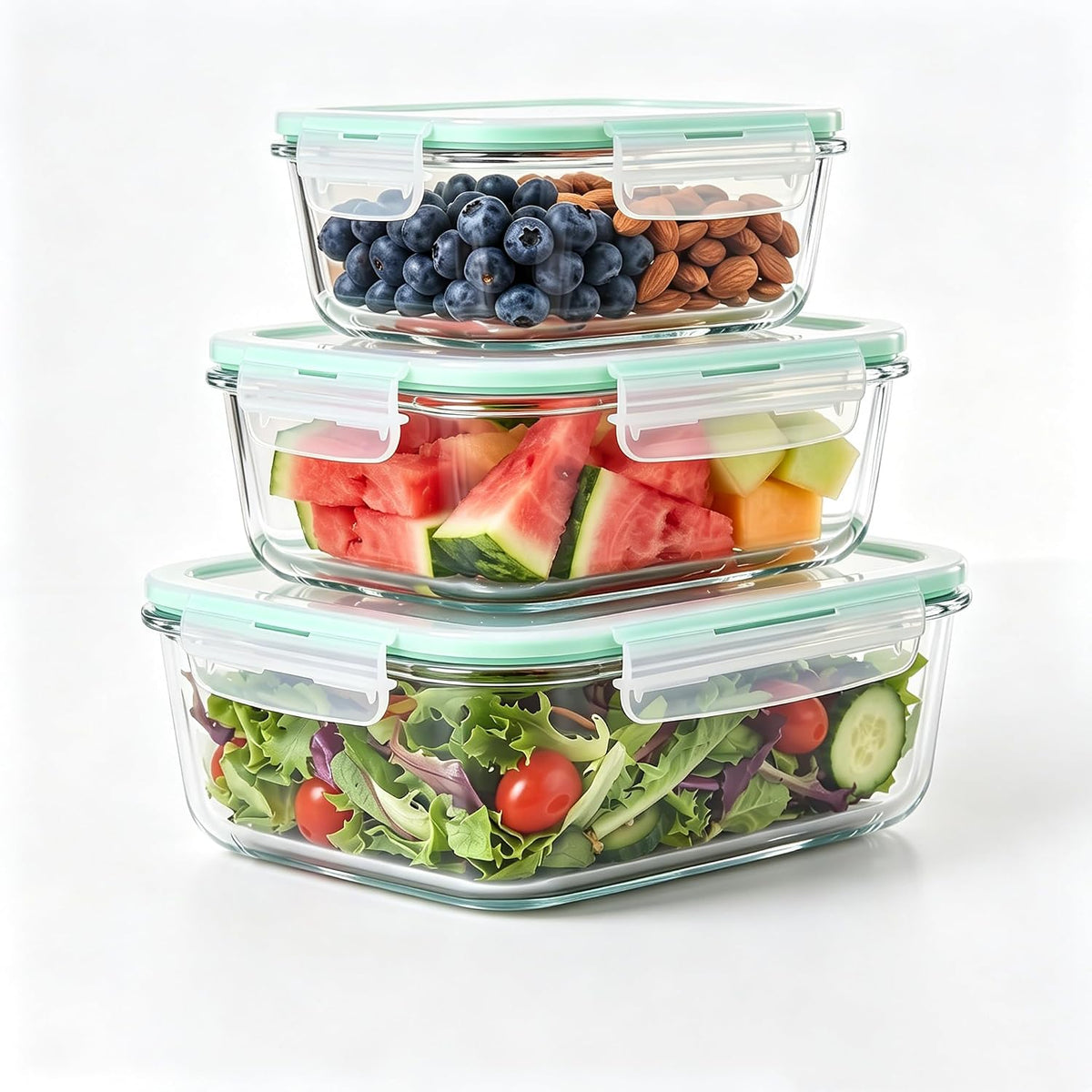High Borosilicate Glass Food Storage Containers,Stackable Meal Prep Containers with Airtight Plastic Lids,BPA-Free, Leak-Proof,Reusable for Microwave, Oven, Freezer and Dishwasher,3Piece Set