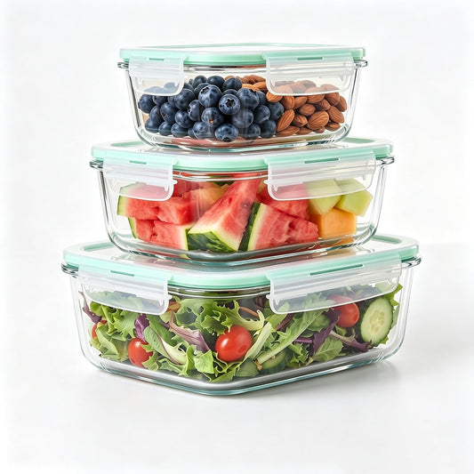 High Borosilicate Glass Food Storage Containers,Stackable Meal Prep Containers with Airtight Plastic Lids,BPA-Free, Leak-Proof,Reusable for Microwave, Oven, Freezer and Dishwasher,3Piece Set