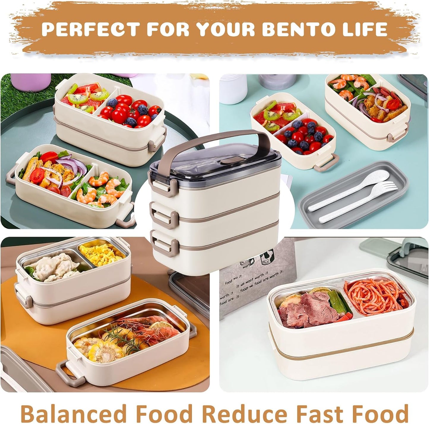 Stainless Steel Bento Box for Adults&Kids,Japanese Leakproof Lunch Box Divided Food Meal Storage Containers Set Stackable 2 Layer for Children School Picnic Beige