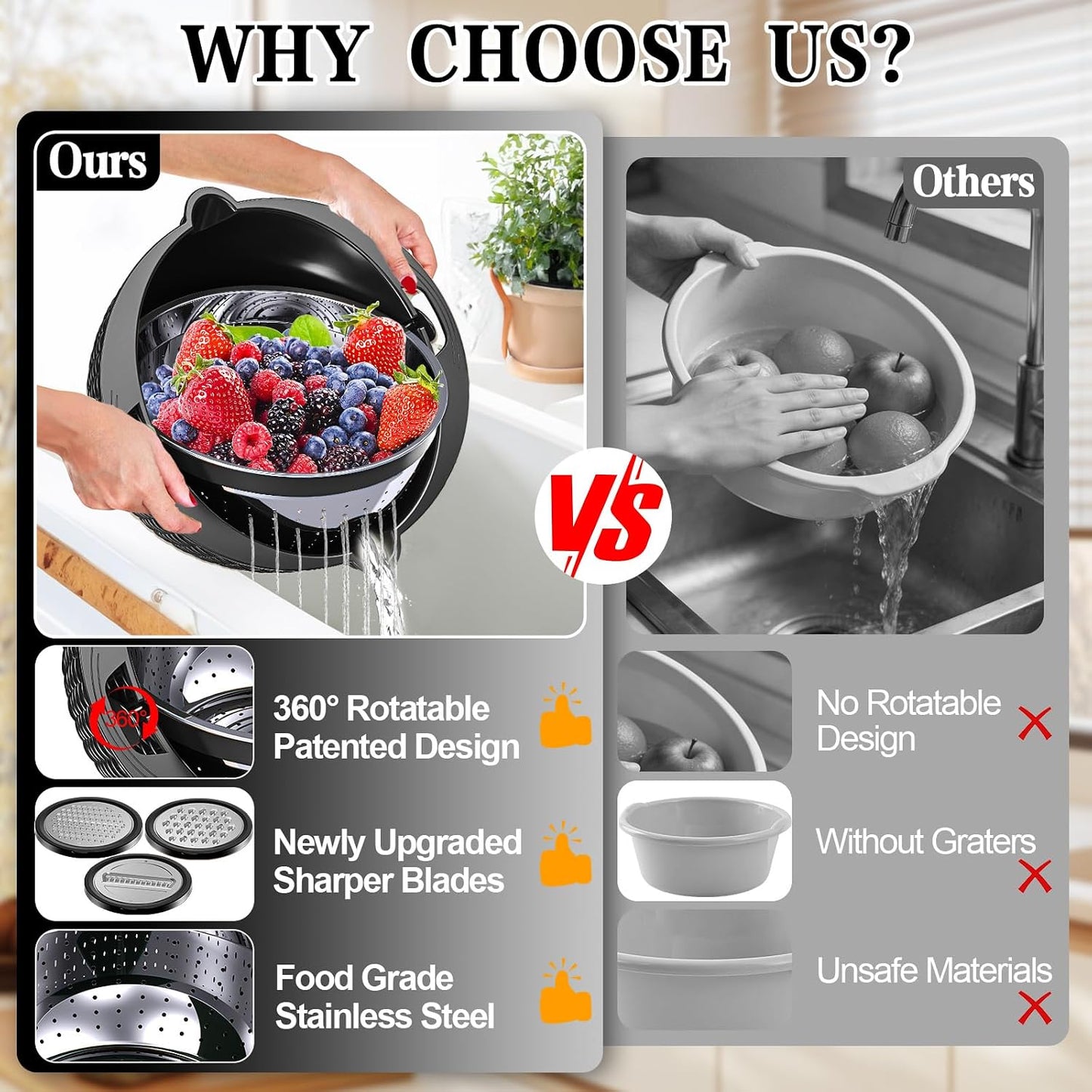 4-in-1 Colander with Bowl Set — Patented 360° Rotatable Strainer Bowl with 3 Graters, Snap-On Lid & Non-Slip Base, Funny Kitchen Present for Women, Aesthetic Pasta Fruit Vegetable Strainer (Beige)