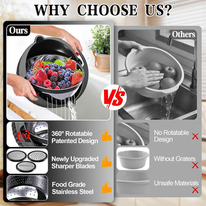 4-in-1 Colander with Bowl Set — Patented 360° Rotatable Strainer Bowl with 3 Graters, Snap-On Lid & Non-Slip Base, Funny Kitchen Present for Women, Aesthetic Pasta Fruit Vegetable Strainer (Beige)