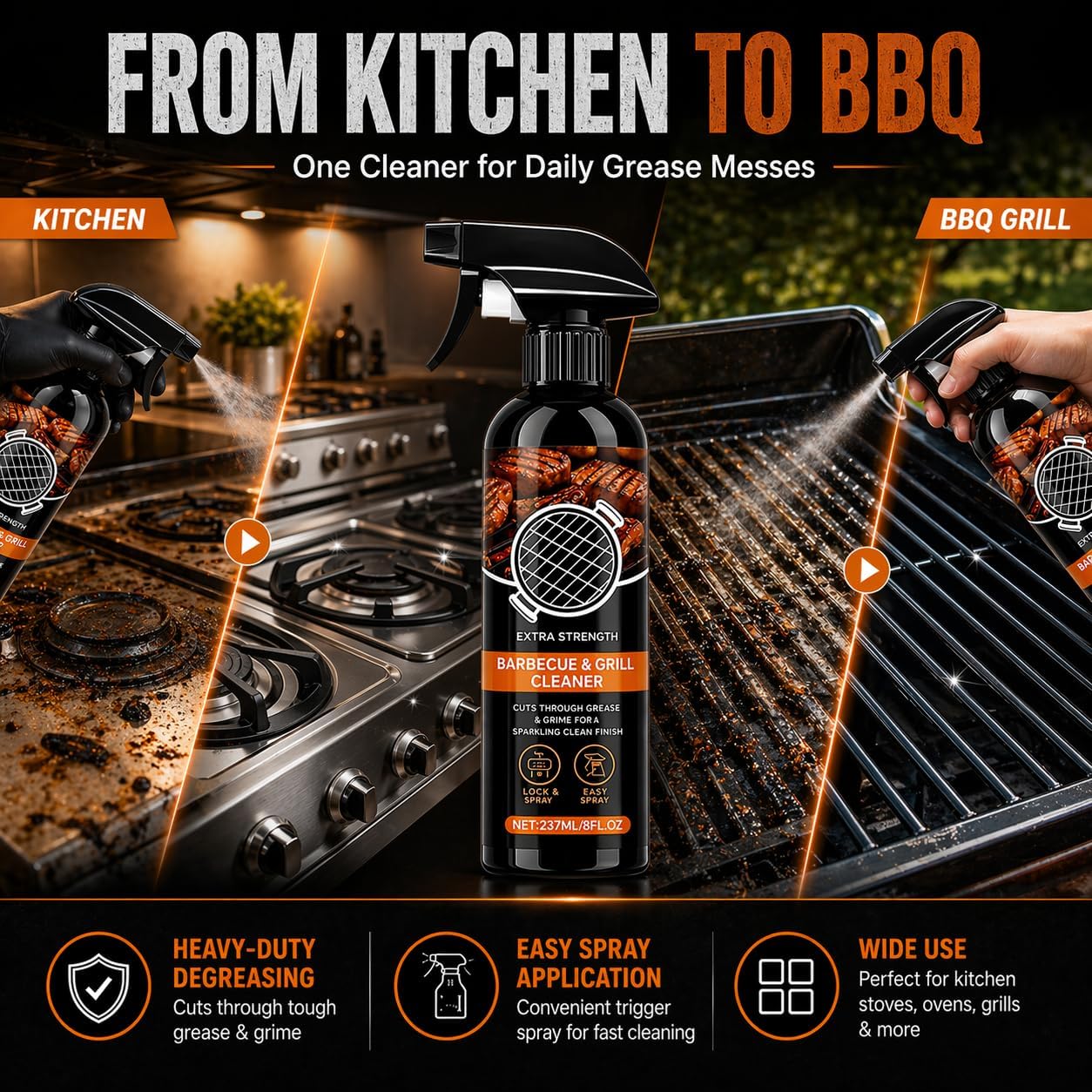 Kitchen Heavy Oil Cleaner Spray, Fast-Acting Heavy Duty Degreaser for Ovens, Stovetops, Countertops, Appliances, BBQ Grills, Grates and Racks (1PCS)
