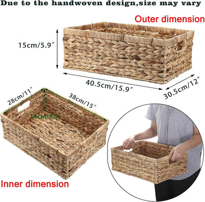 Hipiwe Wicker Basket Water Hyacinth Baskets Rectangular Decorative Baskets Bin for Shelf Organizing, Handwoven Storage Basket Bins with Built-in Handles,15.9"x12"x5.9"