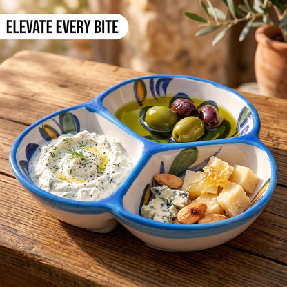 Ceramic Chip & Dip Bowl 7.5”, 3-Compartment Divided Serving Dish & Condiment Tray for Appetizers – Handmade in Spain, Lead-Free Glaze, Microwave, Oven & Dishwasher Safe