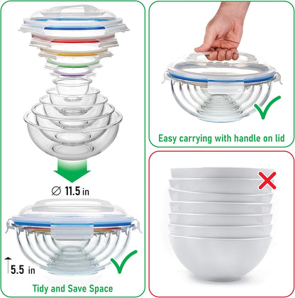 Set of 4 Stackable Space-Saving Nesting Glass Bowls with Airtight Acacia Lids for Lunch, Meal & Food Prep - Microwave & Oven-ready BPA Free Durable Heat Resistant Inert Borosilicate Glass