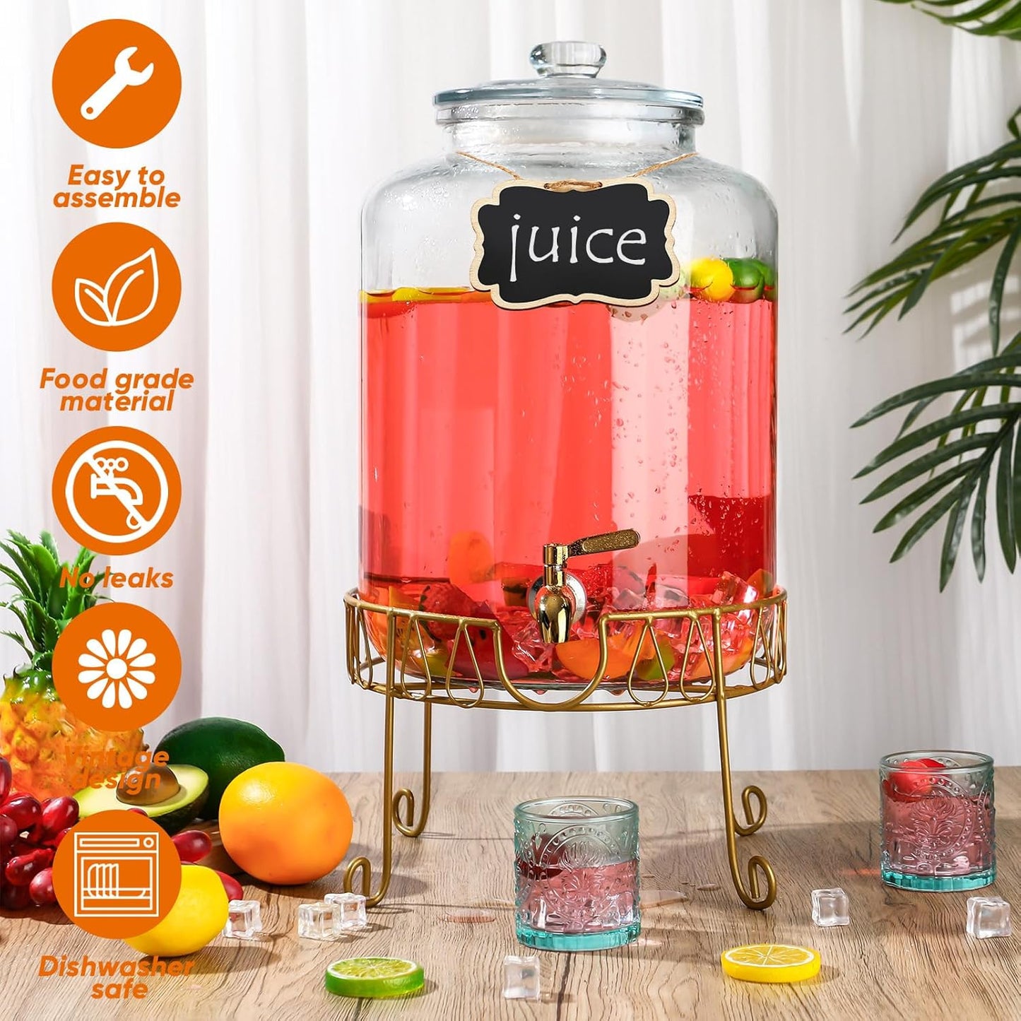 Glass Beverage Drink Dispenser for Parties, 4 Gallon Beverage Dispenser with Stand Stainless Steel Spigot Glass Lid Leakproof, Drink Containers、parties Jugs for Lemonade, Juice, Tea, Gold