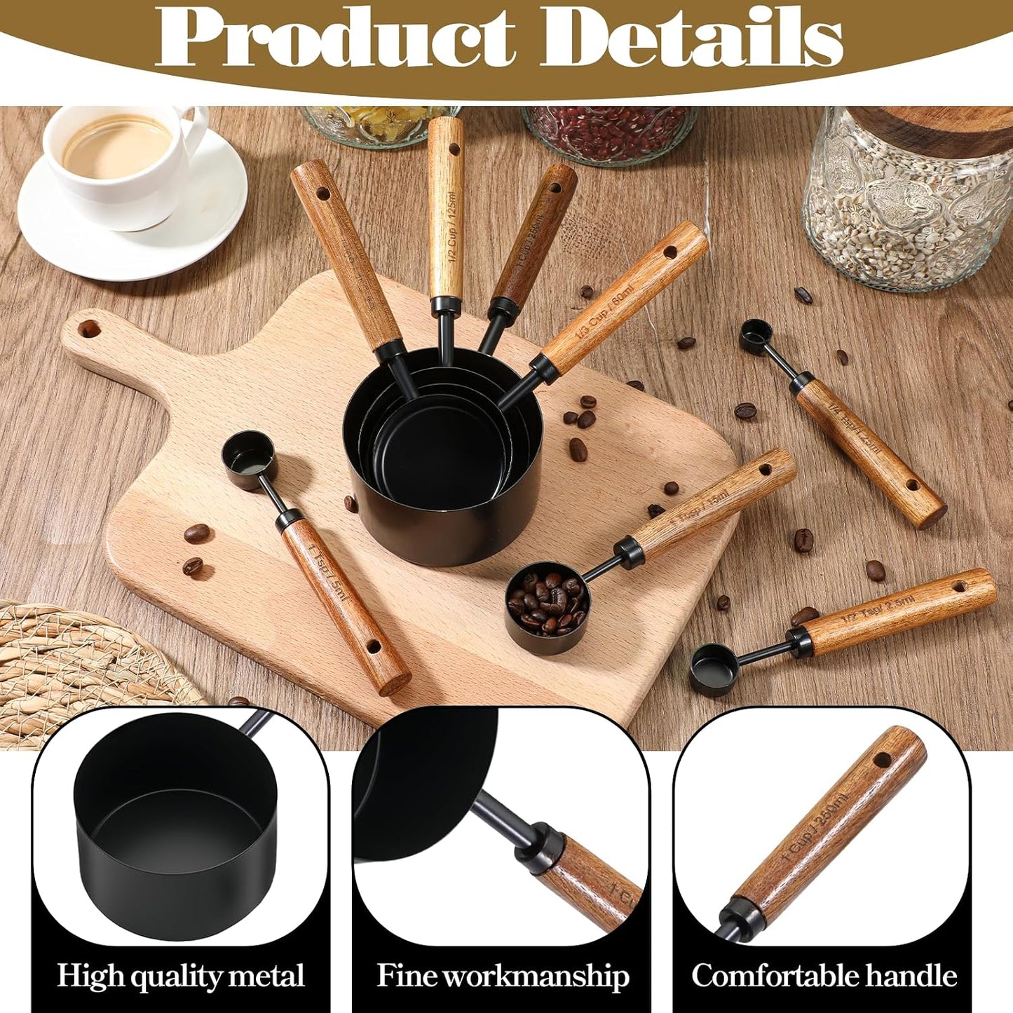 SHENLIU 8 Pcs Measuring Cups and Spoons Set, Black Stainless Steel Measuring Cups with Wooden Handle, Metal Measurings Spoons Set Nesting Kitchen Measure for Kitchen Baking
