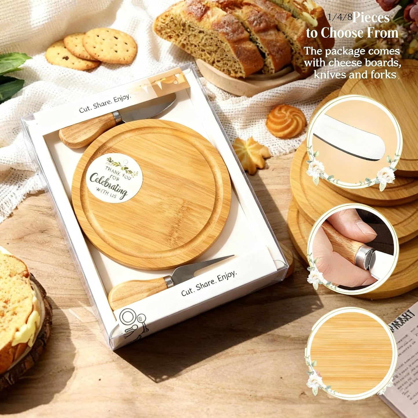 Upgraded storage-ready Small Cheese Board Set & Dessert Plate with Knife & Fork, 1-Pack 6-Inch Personal Charcuterie Tray, Bamboo, Gift-ready for Wedding, Bridal & Baby Shower Party