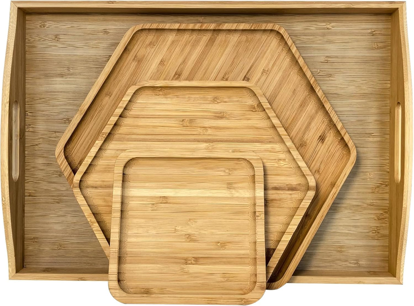 Bamboo Serving Trays Charcuterie Platter 16.5"x11.8"（42x30cm with Handle, Set Includes 1xHexagon 12.5"(32cm)+1xSquare 7.8"(20cm)+1xSquare 5.9"(15cm) Small Plates for Family Dinner