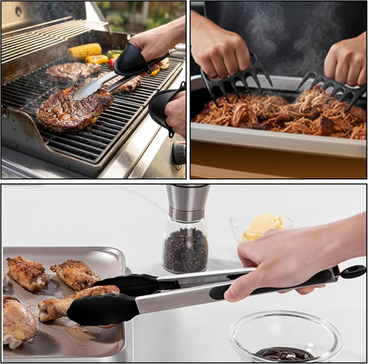 Collapsible BBQ Prep Tub 8L Black | Portable Meat Marinating Container with Locking Cutting Board Lid, BBQ Tongs, 2 Meat Shredding Claws & 2 Heat-Resistant Grill Gloves for Camping & Grilling