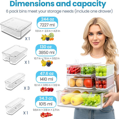 SMRCAD 8 Pack Refrigerator Organizers, Clear Pull-out Drawer Container and Organizer Bins with Lids, Stackable Storage Containers for Fruits, Vegetable (Set of 8 (Include Pull Out Drawer))