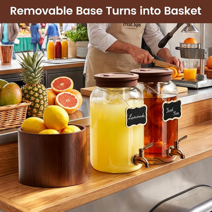 2 PCS 1 Gallon Glass Drink Dispenser for Parties, Beverage Dispenser with Wooden Stand, Silicone Lid and Stainless Steel Spigot, Ideal for Lemonade, Juice, Sun Tea, and Party Drinks