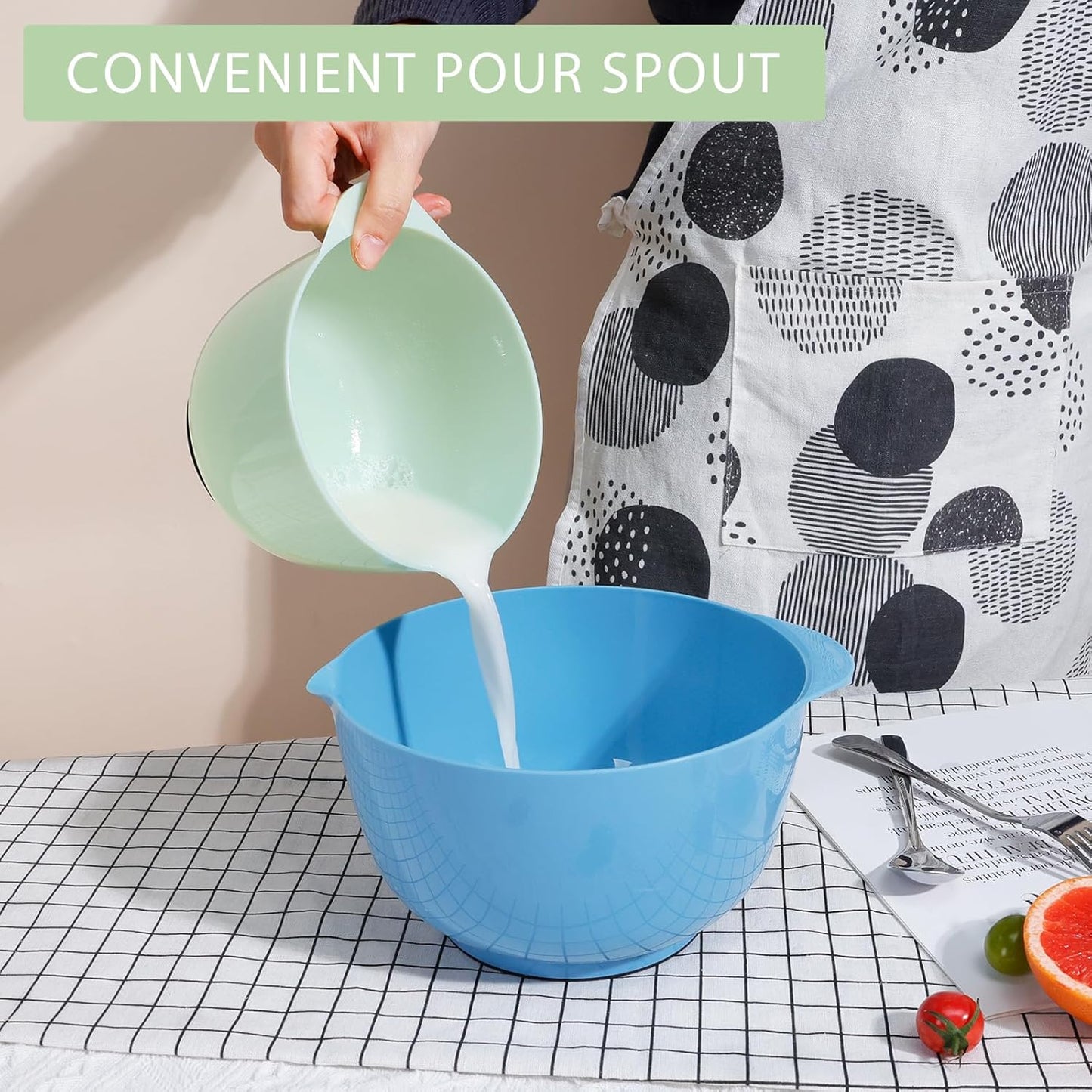 BoxedHome Nesting Plastic Mixing Bowl Set With Pour Spout, Microwave and Dishwasher Safe, BPA free Non-Slip Base, Set of 4 Size 1.7, 2.5, 3.5 and 4.5qt, Great for Prepping, Baking, Cooking (Dark Blue)