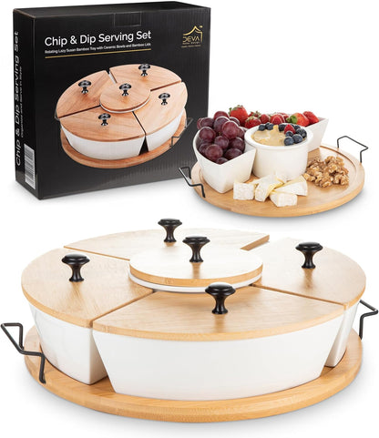Chip and Dip Serving Set | Rotating Bamboo Lazy Susan Appetizer Tray with Black Handles | White Ceramic Bowls with Bamboo Lids | Divided Round Party Platter | Giftable
